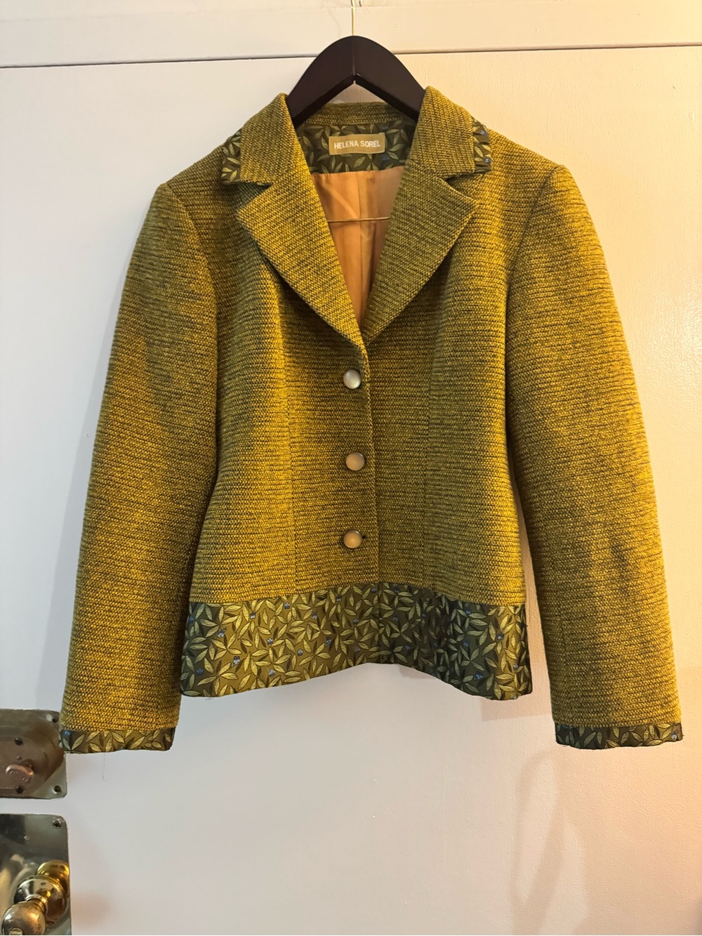 Vintage Helena Sorel Chartreuse green tweed wool blazer floral trim blazer US 8